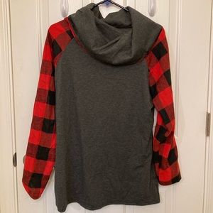 Grey long sleeve with flannel sleeves and cowl